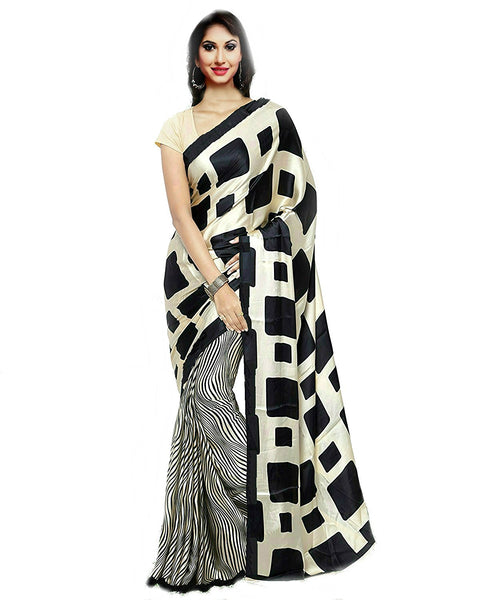 Partywear Crepe Sarees With Black Stripped & Square Design On Pallu