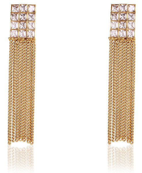 Gold Plated Austrian Diamond Studded Long Tassel Earrings For Girls