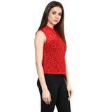 Partywear Tops Red Color Stylish Net Top With Front Zip Ladyindia75