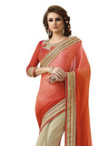 Designer Multicolour Faux Chiffon and Lycra Net Orange Embroidered Wedding Wear Net Saree With Blouse Piece