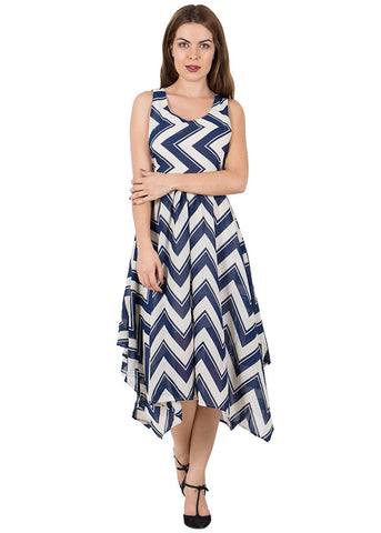 Latest Designer Navy Blue And White Polyester Sleeveless knee Length Maxi Dress