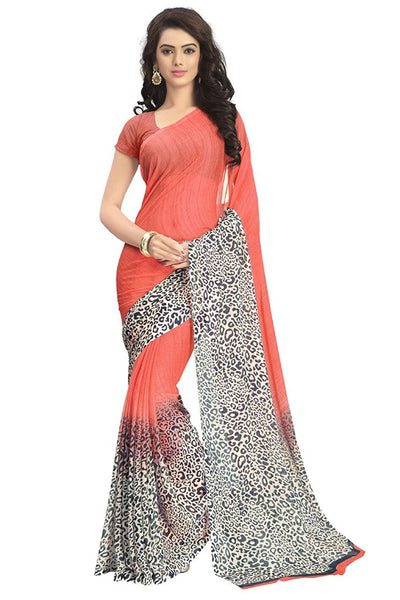 Printed Chiffon Sarees With Black & White Broad Border S082