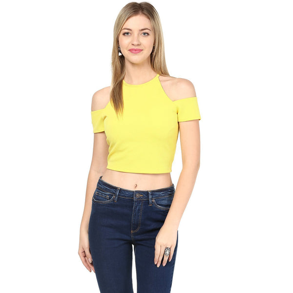 Yellow Color Exotic Knit Fabric Cold Shoulder Crop Top For Girls Ladyindia100