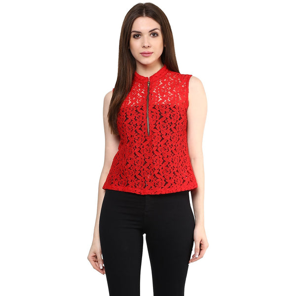 Partywear Tops Red Color Stylish Net Top With Front Zip Ladyindia75