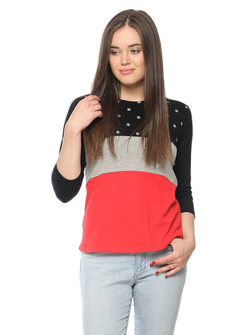 3D Color Combination Designer Top Star Printed Round Neck 3/4 Sleeve Top For Women