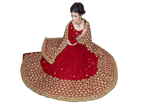 Red Faux Georgette Heavy Hand Work Embroidery Bridal/Wedding Wear Stone Work Saree