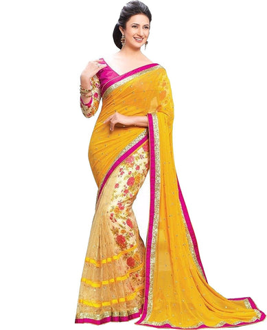 Designer Women's Chiffon Net & Printed Half N Half Style Saree