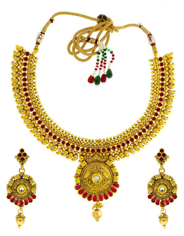 Designwer Jewellery Golden Colour Styled With Maroon Colour Royal Looking Traditional Classy Necklace Set For Women