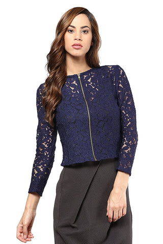Partywear Tops Navy Blue Color Net Top With Front Zip Ladyindia71
