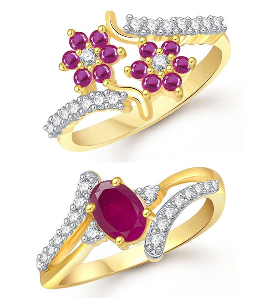Designer Jewellery Lady Touch Combo Of Ruby 24k Gold Plated Cubic Zirconia Rings For Girls & Women