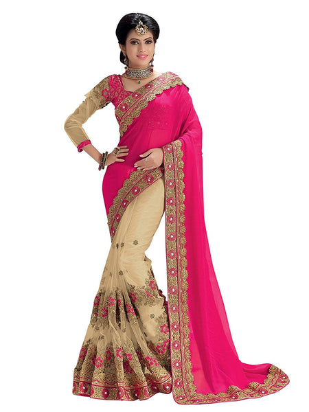 Designer Wedding Pink and Beige Colored Partywear Wedding Wear Sari Georgette Net Sarees With Embroidery, Lace, Patch Border Work