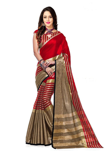 Cotton Saree With Broad Border & Golden Stripes Work  S005