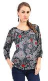 Multicoloured Boat Neck 3/4 Sleeve Chiffon Top Butti Digital Floral Print Western Top