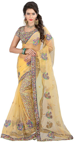 Party wear Beige Color Net Saree With Floral Embroidery Work