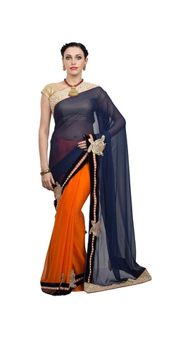 Latest Blue & Orange Georgette Saree With Golden Velvet Embroidery Border Fancy Saree