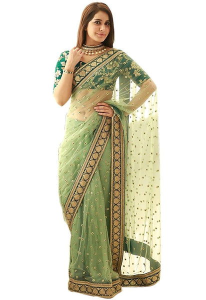 Green Color Designer Net Sarees With Booties & Border Work