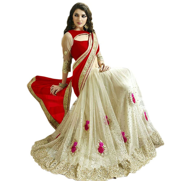 Party wear Red & Off White Color Net Saree With Floral Embroidery & Stone Work Designer Net Sarees