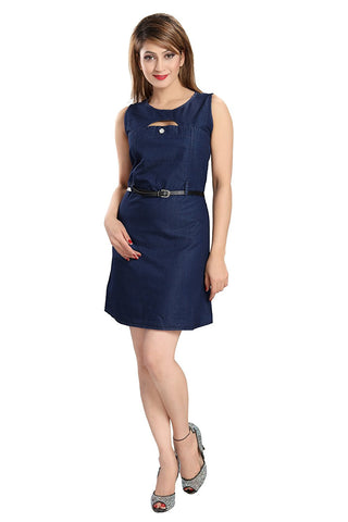 Designer Blue Color Slim Fit Denim Style Dress Sleeveless Midi Dresses For Girl
