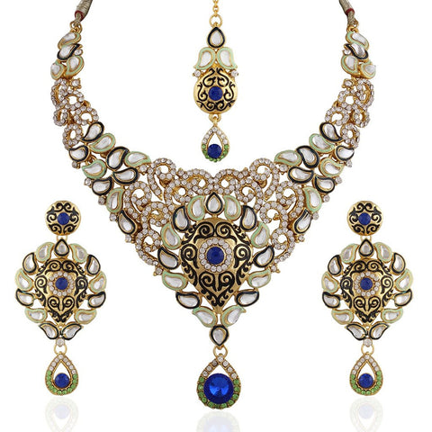 Royal Blue Kundan & Cz Studded Meenakari Jewelry Necklace Set With Mangtika For Women