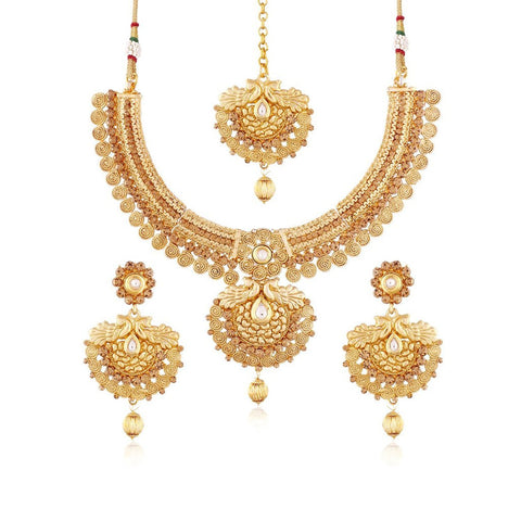 24k Gold Plated Traditional Jewellery Set With Maang Tikka For Women 