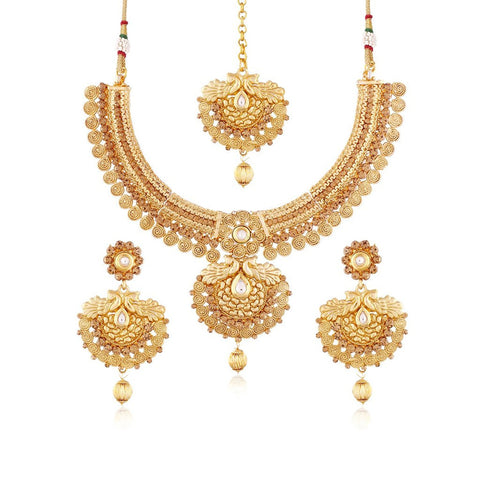 24k Gold Plated Traditional Jewellery Set With Maang Tikka For Women 