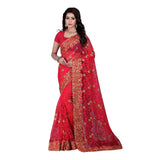 Designer Net Sarees Red Color Net Saree With Broad Border, Thread & Floral Work