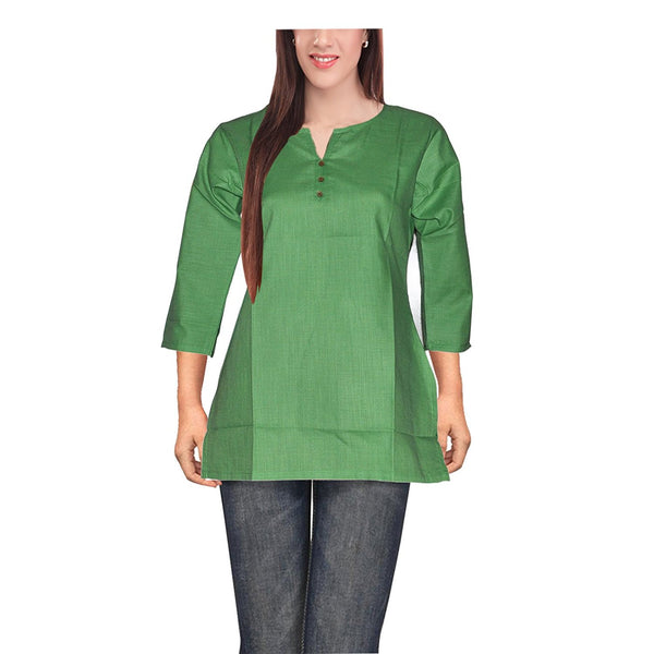 Green Plain Cotton Full Sleeves Short Kurti For Girls K9