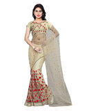 Off White Color Net Saree With Red Color Embroidered Floral & Booties Work Designer Net Sarees