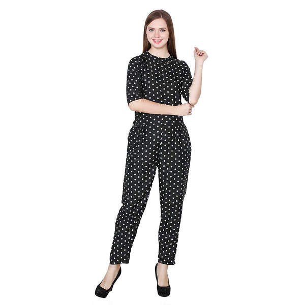Black Jumpsuit With Polka Dot Printed Jumpsuits