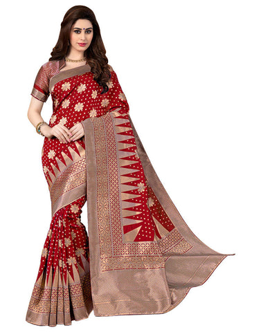 Designer Bridal Red Woven Partywear Banarasi Art Silk Pattern Wedding Saree With Blouse