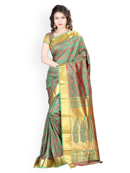 Designer Green Printed Banarasi Art Silk Saree With Mordern Leaves Desgin And Emboss Pattern Sarees