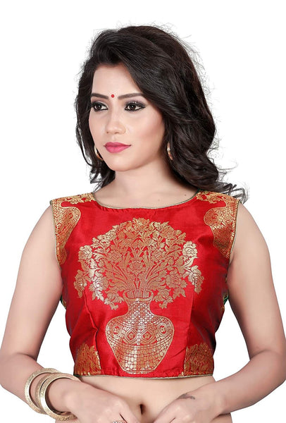 Latest Blouse Designs Red Jacquard Work Readymade Saree Blouse Crop Top