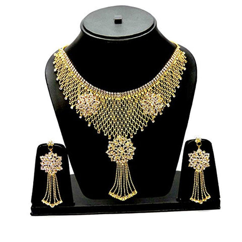  Designer Cz American Diamond Queen Full Neck Gold Plated Necklace & Earrings Set For Women