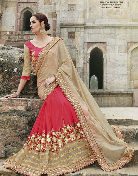 Designer Women's Georgette Red & Beige Mirror Work Chiffon Wedding Saree