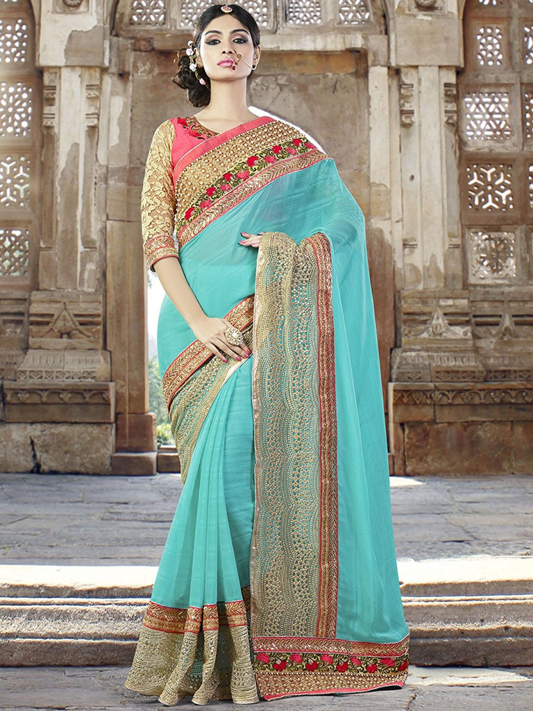 Buy Online Designer Blue Wedding Saree With Heavy Georgette Jari ...