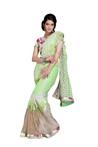 Designer Net Saree For Women's Party Wear Mint Green Floral Print Net Saree