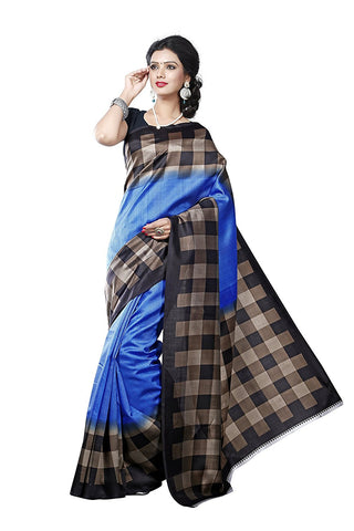 Blue & Black Color Cotton Silk Saree With Check Print S028