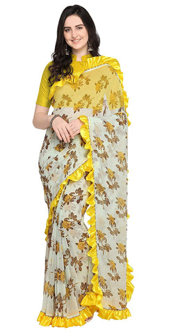 Women's Light Green and Yellow Poly Georgette Printed Ruffle Saree