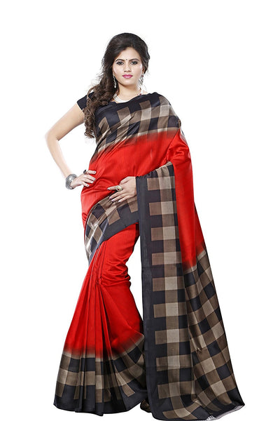 Red Color Bhagalpuri Silk Sarees With Checks Print Border Work S098