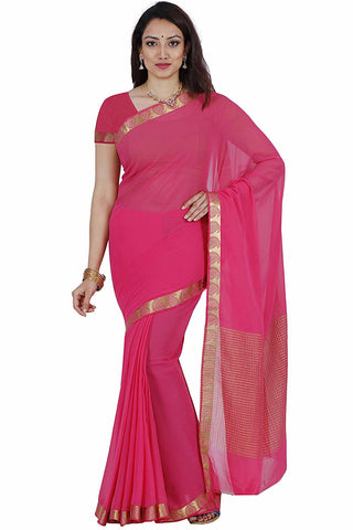 Pink Color Plain Chiffon Sarees With Lace Border Work S032