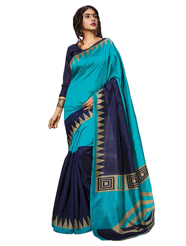 Blue Art Silk Color Blocked Design Bhagalpuri Saree With Blouse