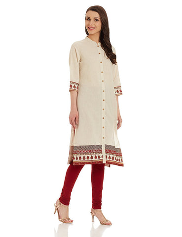Off-White Color Cotton Kurtis With Printed & Toggle Work K92