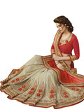 Designer Multicolour Faux Chiffon and Lycra Net Orange Embroidered Wedding Wear Net Saree With Blouse Piece