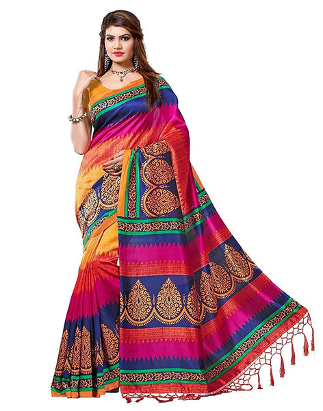 Multicolor Pure Cotton Silk Sarees With Printed & Lace Work S010