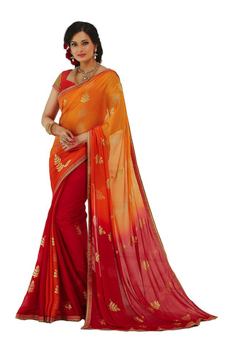 Georgette Scarlet Red & Orange Sarees Fancy Embroidered Georgette Sarees