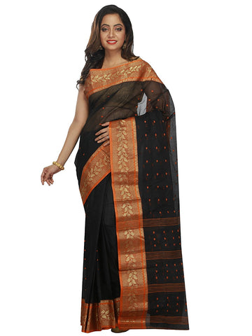 black-&-orange-bengal-cotton-handloom-sarees-with-booti-and-golden-floral-border