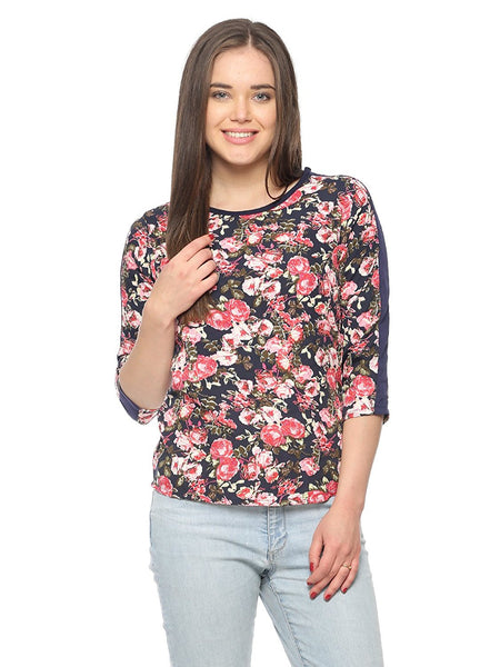 Dark Navy Color Casual Tops Viscose Floral Print Top For Girls Ladyindia82