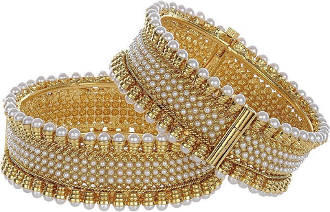 Gold Plated Pearl Studded Ethnic Traditional Party Wear Openable Bracelet Kangan Bangles