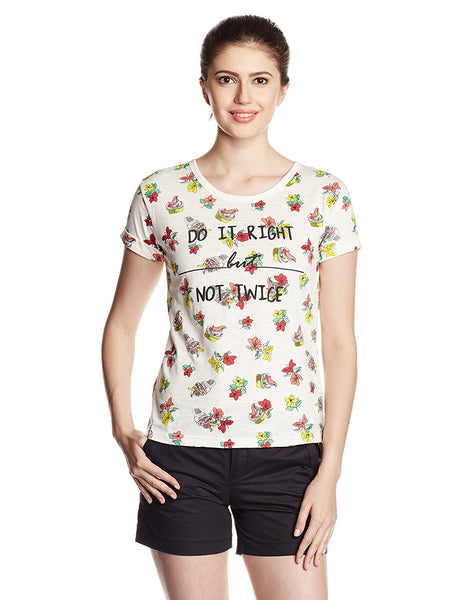 Off- White Color Casual T-Shirts For Girls With Floral Print Work Ladyindia41