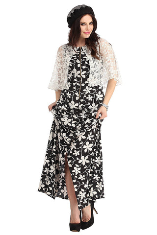 Latest Designer Butterfly White/Black Print Cape Story Dress - Designer Kurtis